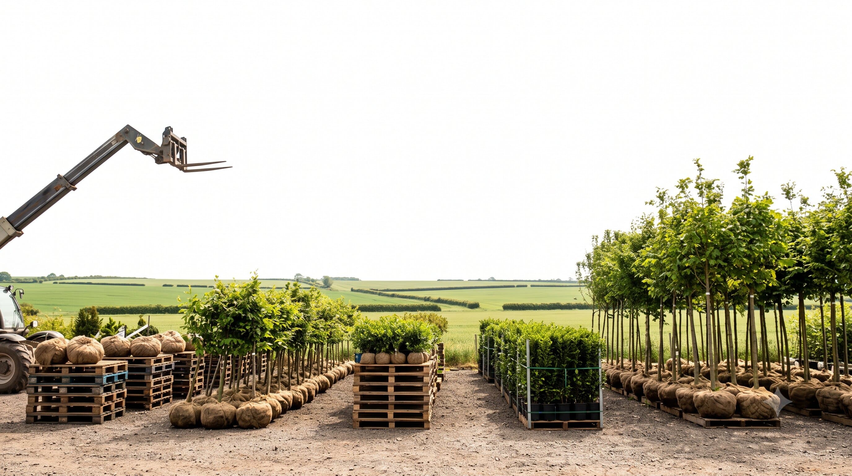 Development Plant Supply nursery yard — rows of rootballed trees and shrubs on pallets, ready for trade delivery